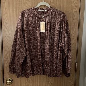 Doen Burgundy Floral Button-Up Blouse Sz L